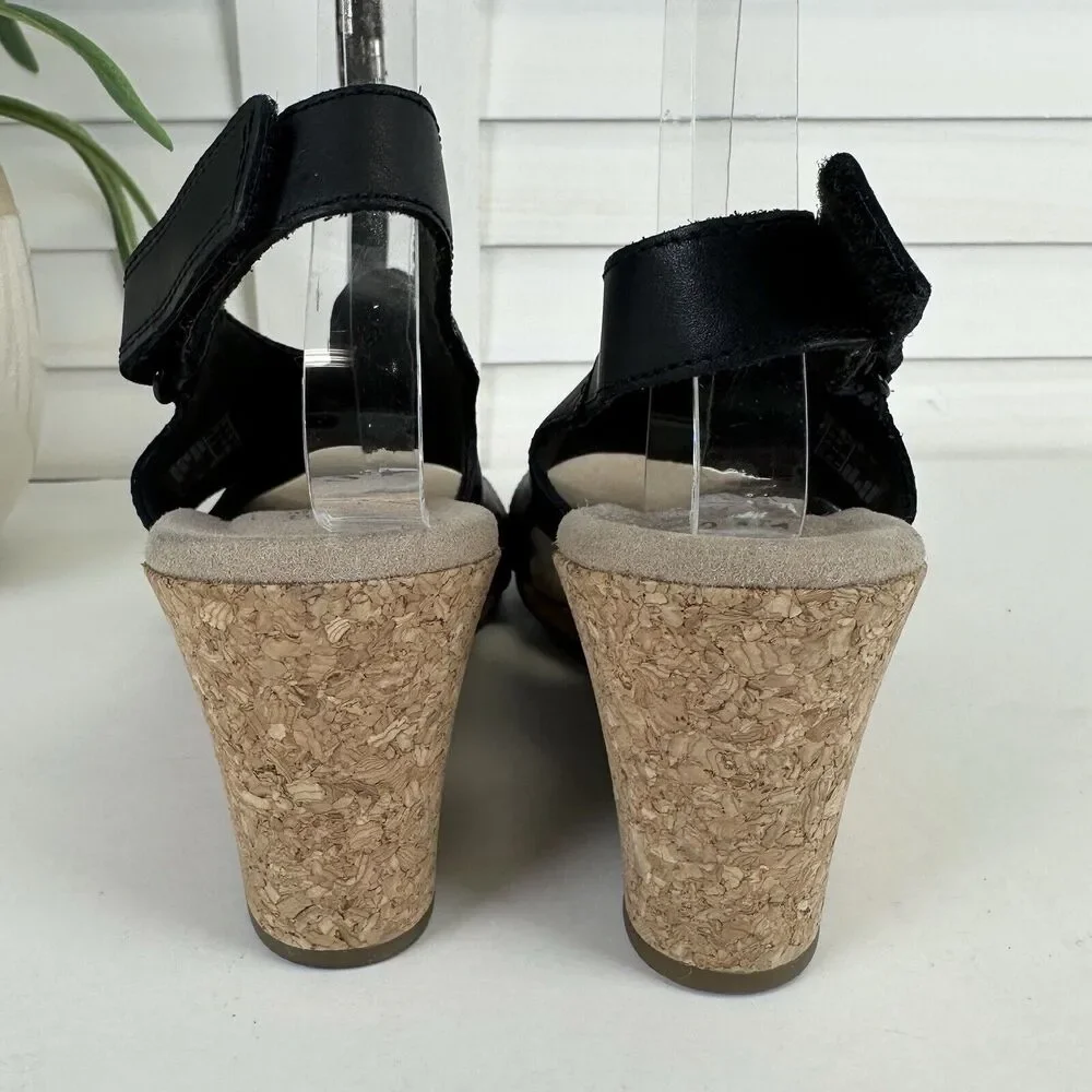 Clarks Lafley Joy‎ Black Lasercut Cork Wedge Heel Sandal Comfort Shoe Size 9 M